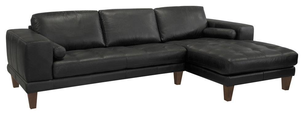 Wynne Contemporary Sectional, Genuine Black Leather With Brown Wood Legs
