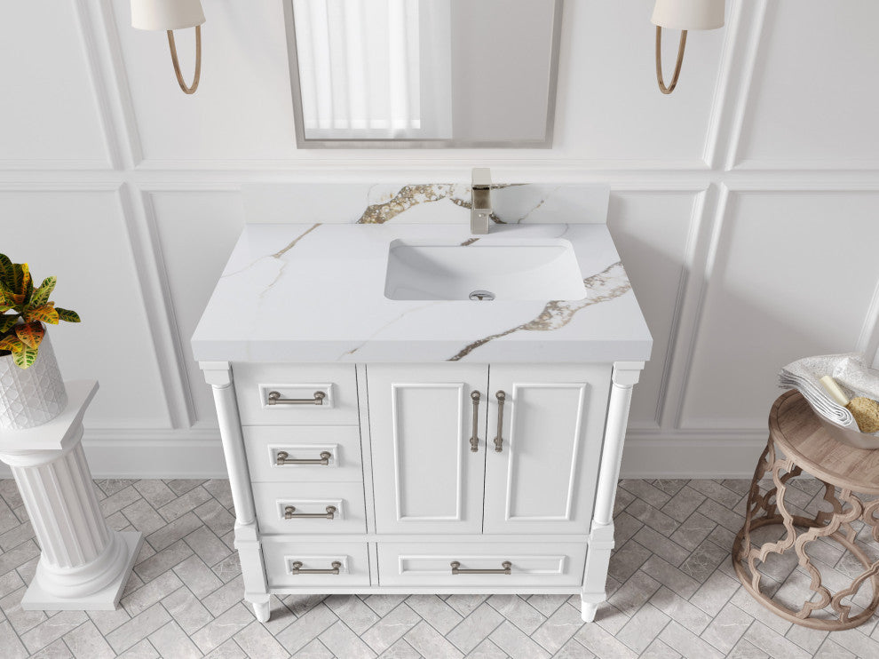 Aberdeen 36 Right Offset Bath Vanity in White 2" Calacatta Gold