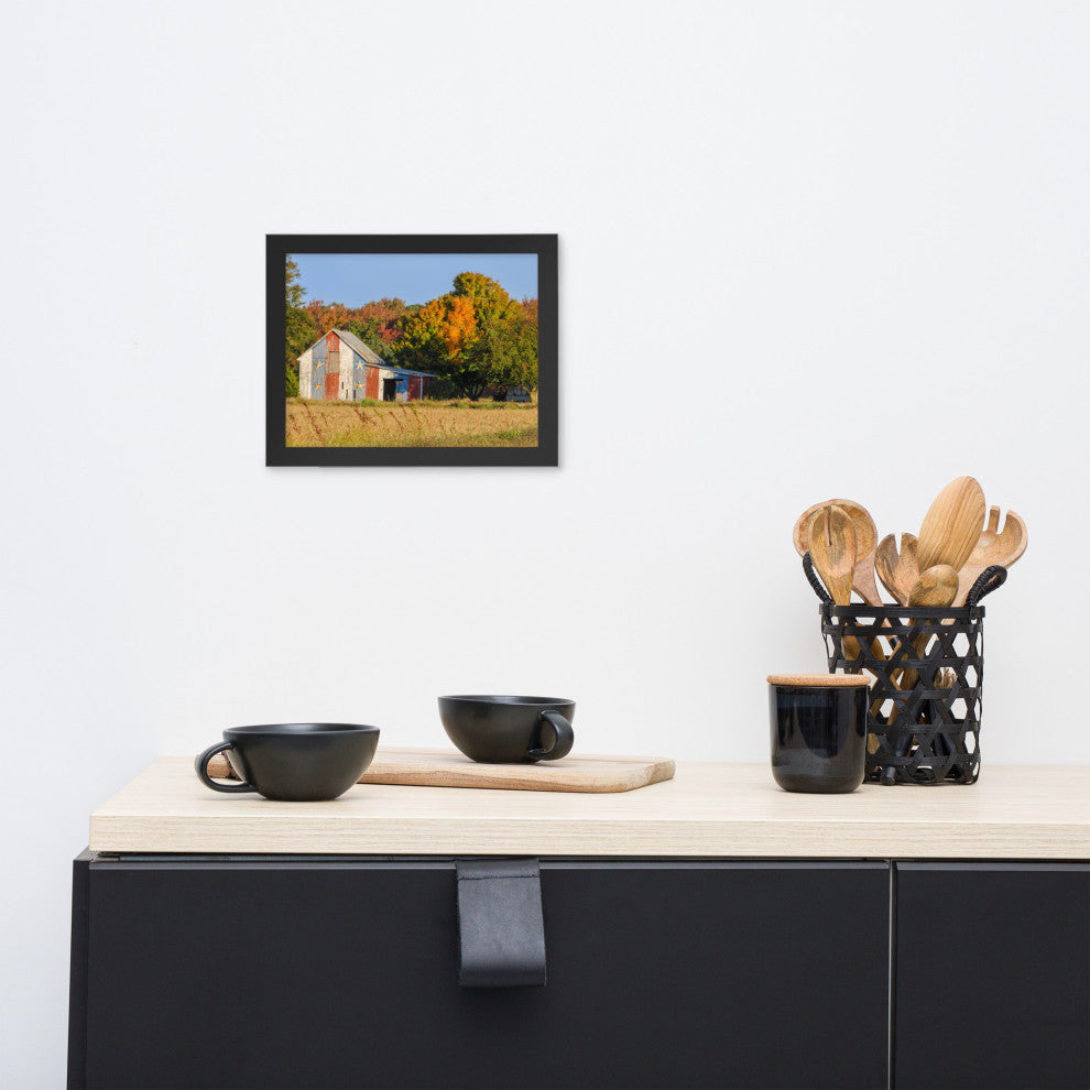 Patriotic Barn in Field Rural Landscape Framed Photo Paper Wall Art Prints, Black, 8" X 10"