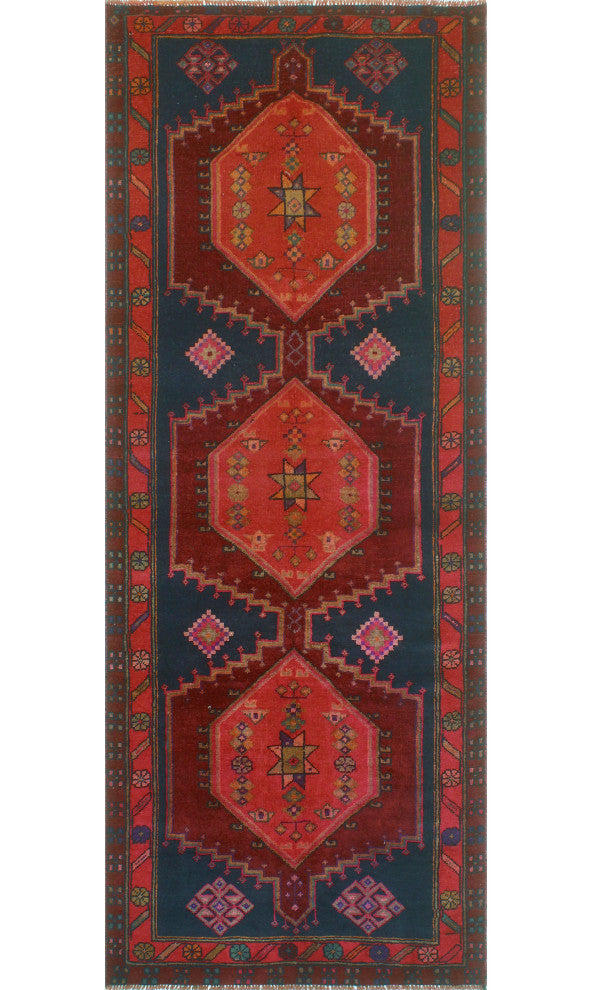 Fine Vintage Distressed Delvis Burgundy/Navy Runner, 4'2x11'5