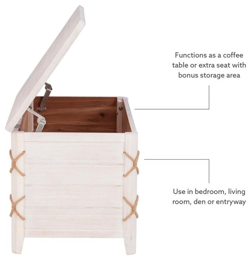 Linon Zana Cedar Lined Storage Chest with Rope Detail in White Distressed Wood