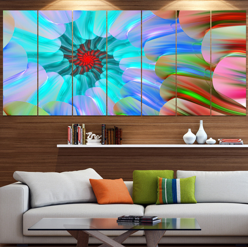 Blue Colored Stain Glass with Spirals, Floral Canvas Print, 83"x32", 7 Panels