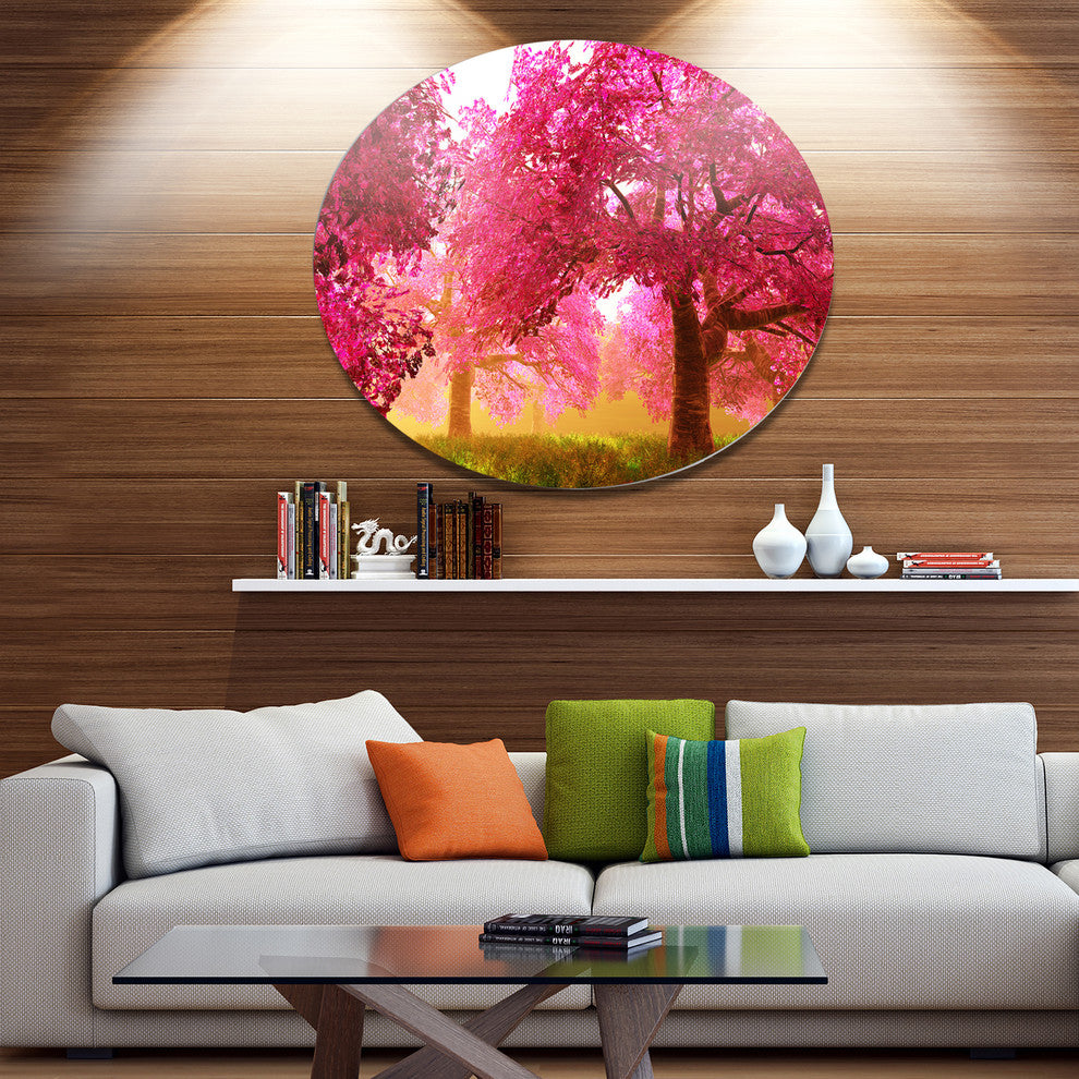 Mysterious Red Cherry Blossoms, Landscape Large Disc Metal Artwork, 23"