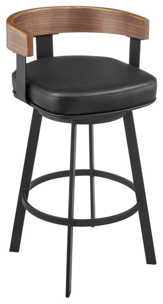 Idris Swivel Stool, Black/Walnut Finish & Black Faux Leather, Counter, 26"
