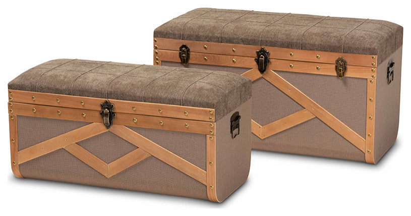 Brown Fabric Upholstered and Walnut Wood 2-Piece Storage Ottoman Trunk Set