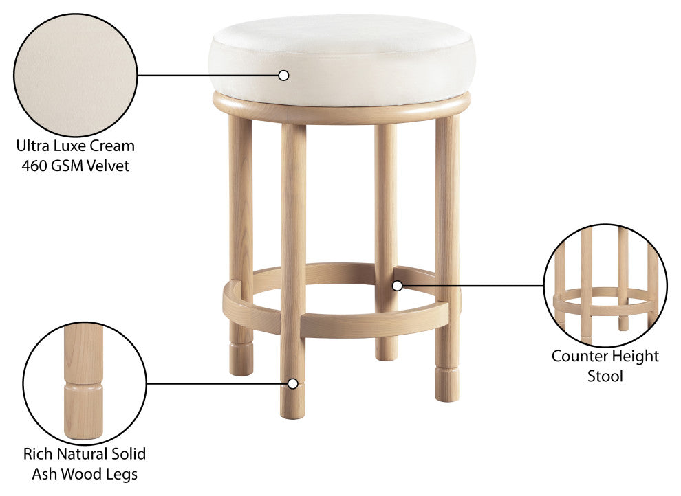 Monette Upholstered Bar and Counter Stool, Cream, Velvet, Natural Finish