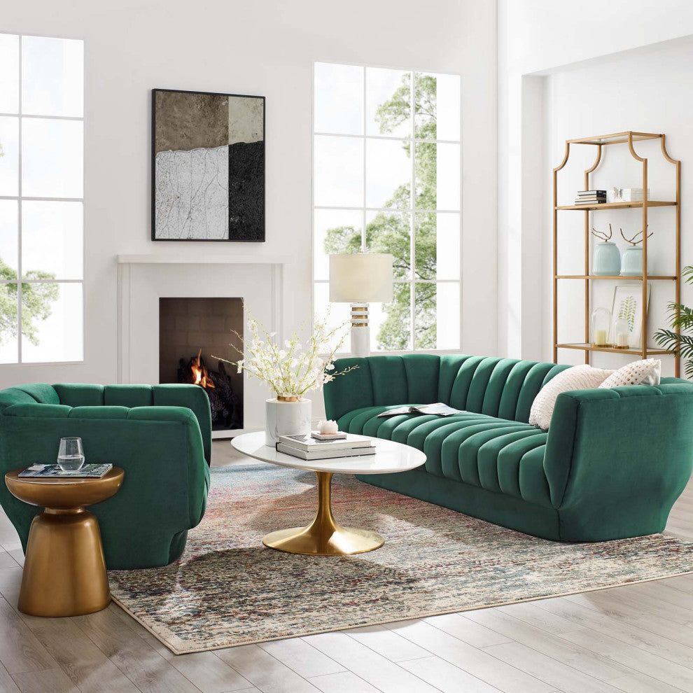 Tufted Armchair and Sofa Set, Velvet, Green, Modern, Living Lounge Hospitality