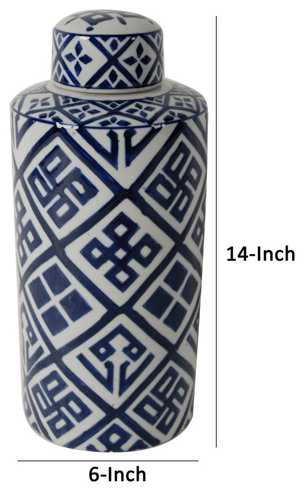 Benzara BM285526 14" Lidded Jar, Geometric Pattern, Cylindrical Blue