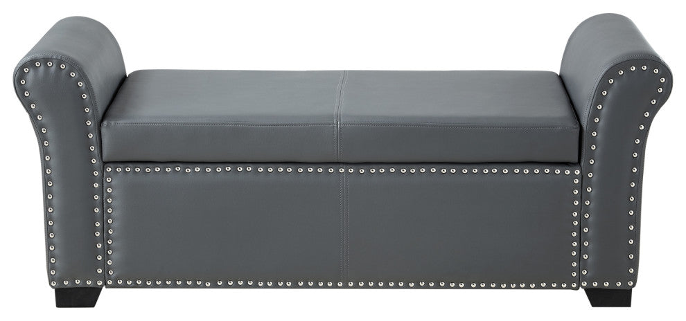 Veber PU Leather Nailhead Trim Storage Ottoman Bench, Gray