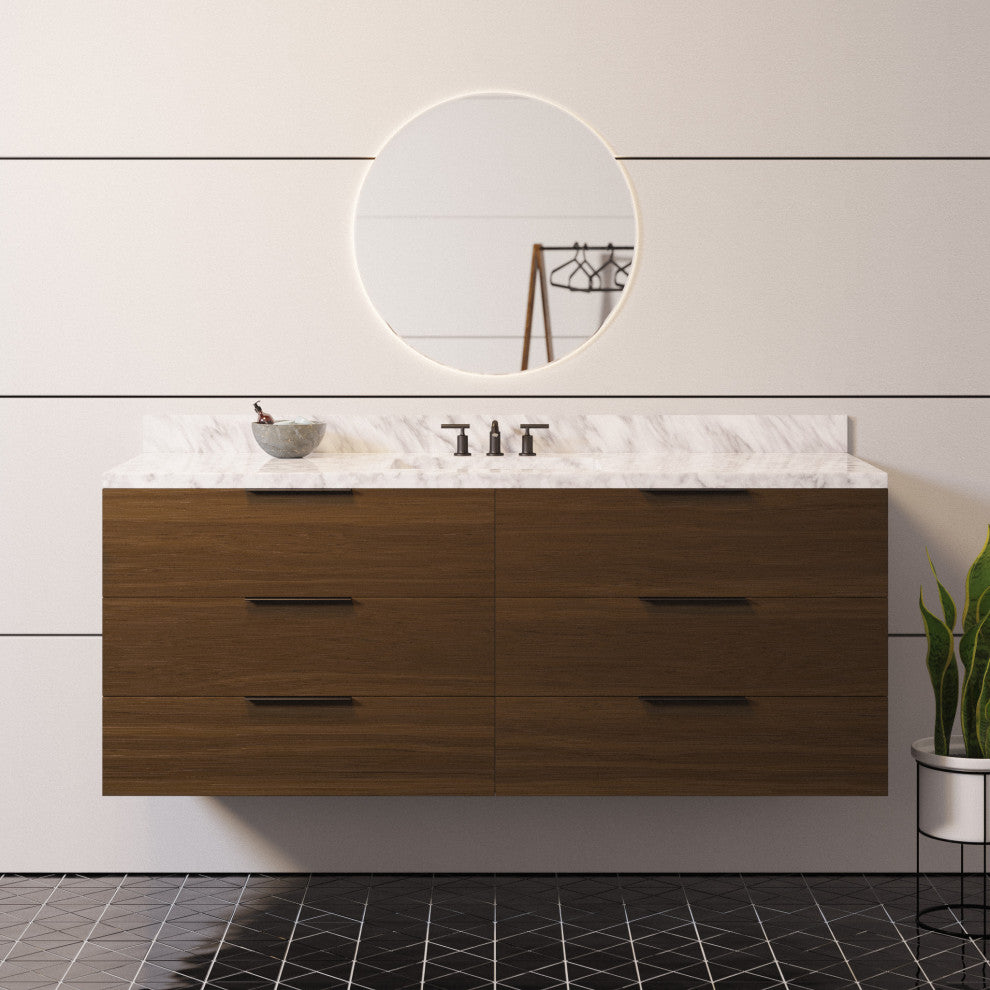 Oslo 60" Floating Wall Mounted Bathroom Vanity, Walnut, Carrara Marble, Single