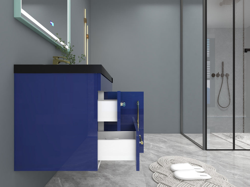 Rosa 36" Wall Mounted Modern Vanity, High Gloss Night Blue, Matt Black Top