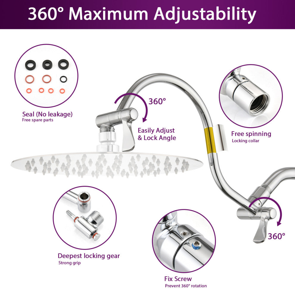 12" Rain Shower Head With 16" Adjustable Height & Distance Extension Arm, Chrome