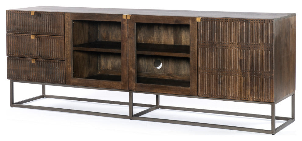 Kelby Media Console-Carved Vintage Brown