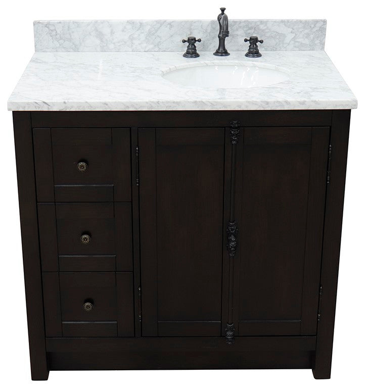 37" Single Vanity, Brown Ash With White Carrara Top, Right Doors/Right Oval Sink