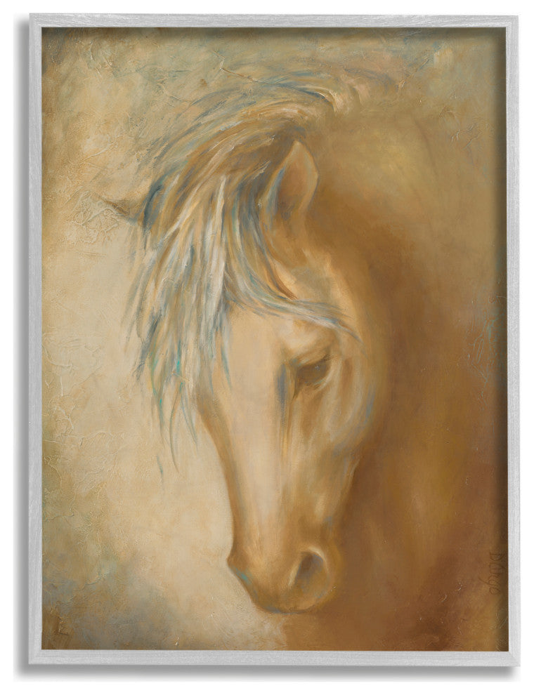 Horse Portrait Blue Yellow Animal Painting, 11"x14", Gray Frame