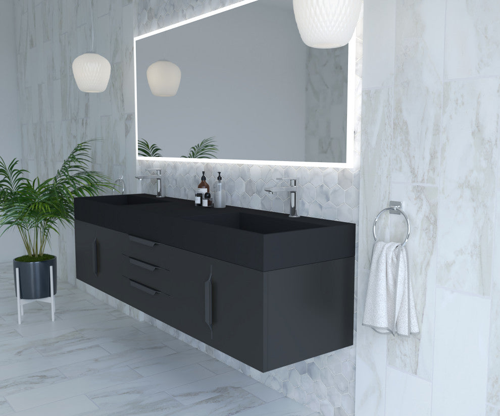 CastelloUSA Amazon 72" Wall Mounted Vanity Set, Black, Black Top, Black Handles