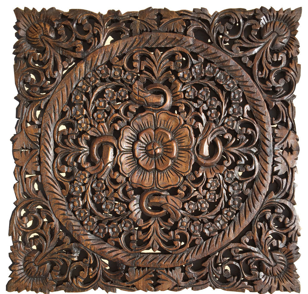Large Square Oriental Carved Lotus Wood Plaque