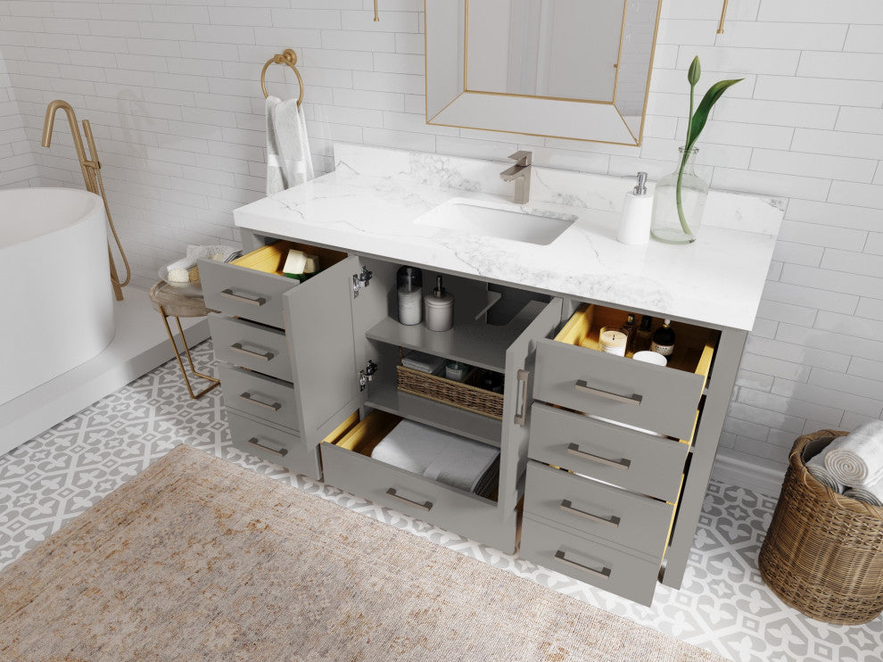 Malibu 60 Single Sink Vanity in Elephant Skin Gray 2" Calacatta Poanazzo