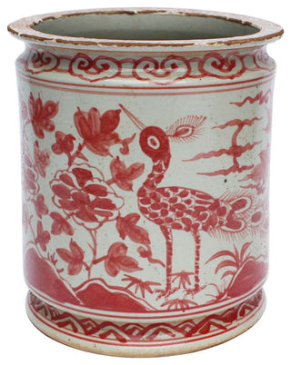 Coral Red Orchid Pot Bird Motif