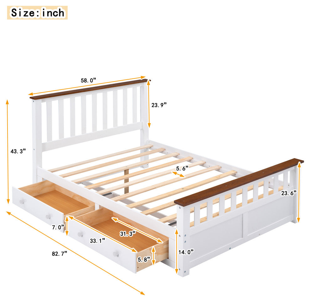 Gewnee Full Size Wood Platform Bed with Two Drawers in White