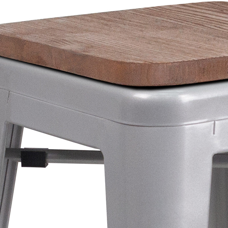 24" High Backless Silver Metal Counter Height Stool With Square Wood Seat