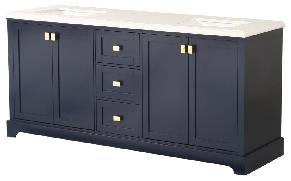 Freestanding Double Bathroom Vanity with White Carrara Marble Top, Navy Blue, 72"