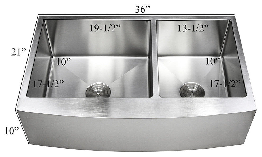 36" Curved Front Apron Stainless Steel Double Bowl Kitchen Sink Package