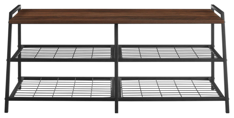 Arlo 42" Industrial Metal and Wood Entry Bench with Shoe Rack - Dark Walnut