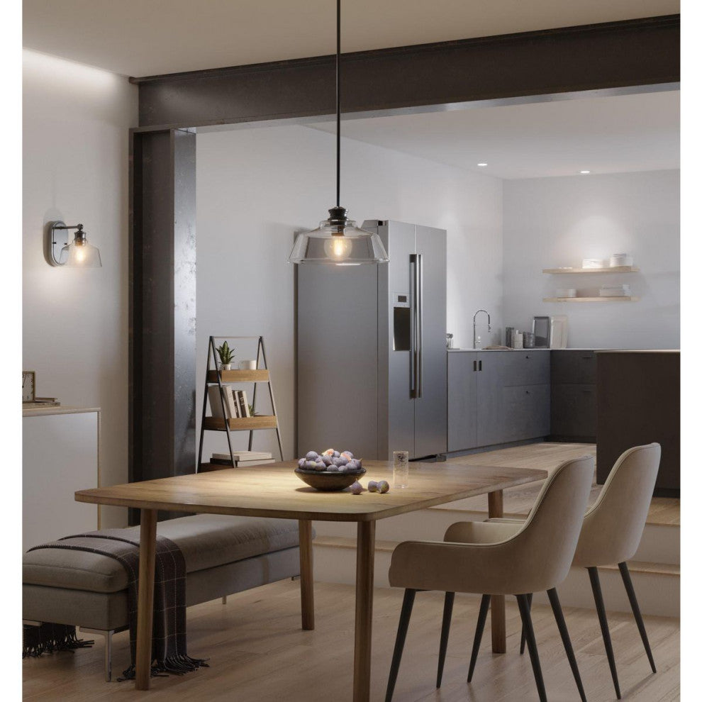 Singleton 1-Light 14" Matte Black Medium Pendant Light With Clear Glass Shade