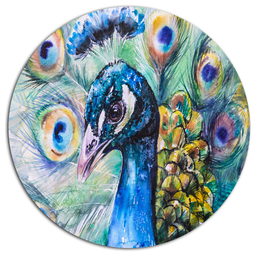 Beautiful Peacock Watercolor, Animal Round Wall Art, 11"