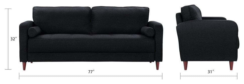 Mid Century Modern Linen Fabric Living Room Sofa, Black