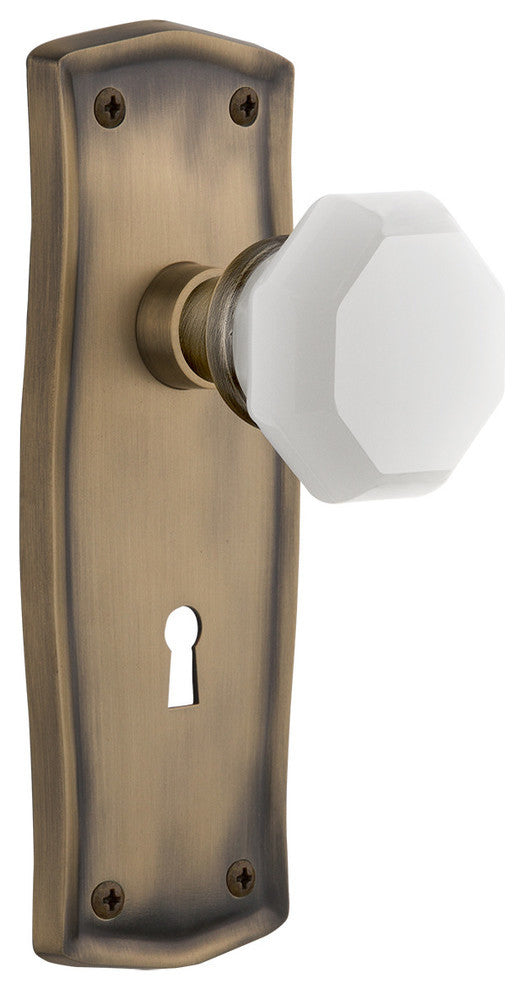 Prairie Plate Interior Mortise Waldorf White Milk Glass Knob, Antique Brass