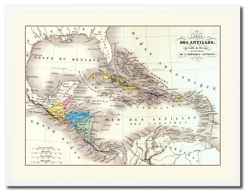 West Indies Caribbean Old Map Print On Canvas With Picture Frame 28" X 37"
