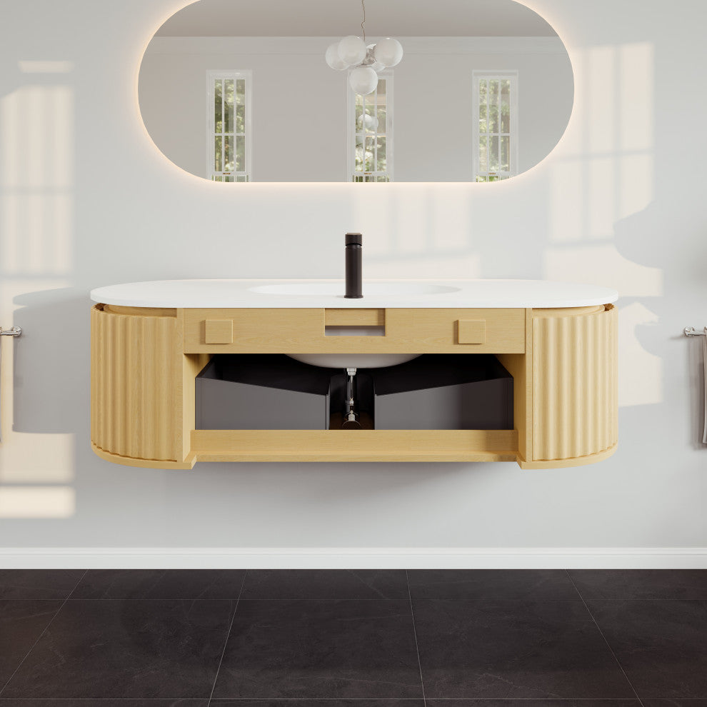 Eviva Haven 55" Oak Wallmount Vanity With White Solid Surface Integrated Top