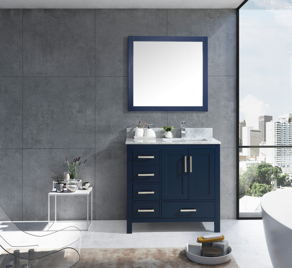 Jacques 36" Navy Blue Single Vanity Carrara Marble Top Sink, 34" Mirror Right