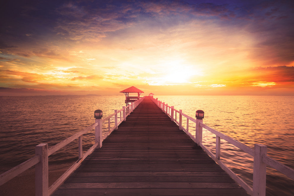 Surreal Wooden Pier at Sunset Landscape Photo Canvas Wall Art Prints, 16" X 20"
