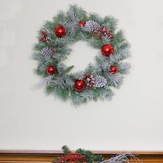 24" Flocked Pine, Red Ball, Berries & Silver Cedar Artificial Christmas Wreath
