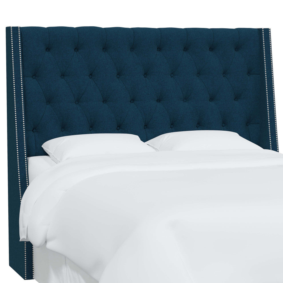 Tufted Sloped Wingback Headboard, Nail Trim, Zuma Navy, King