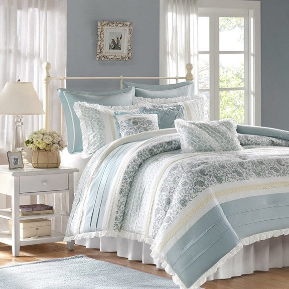 Madison Park Printed-Pieced 9-Piece Comforter Set With Pintuck, Queen