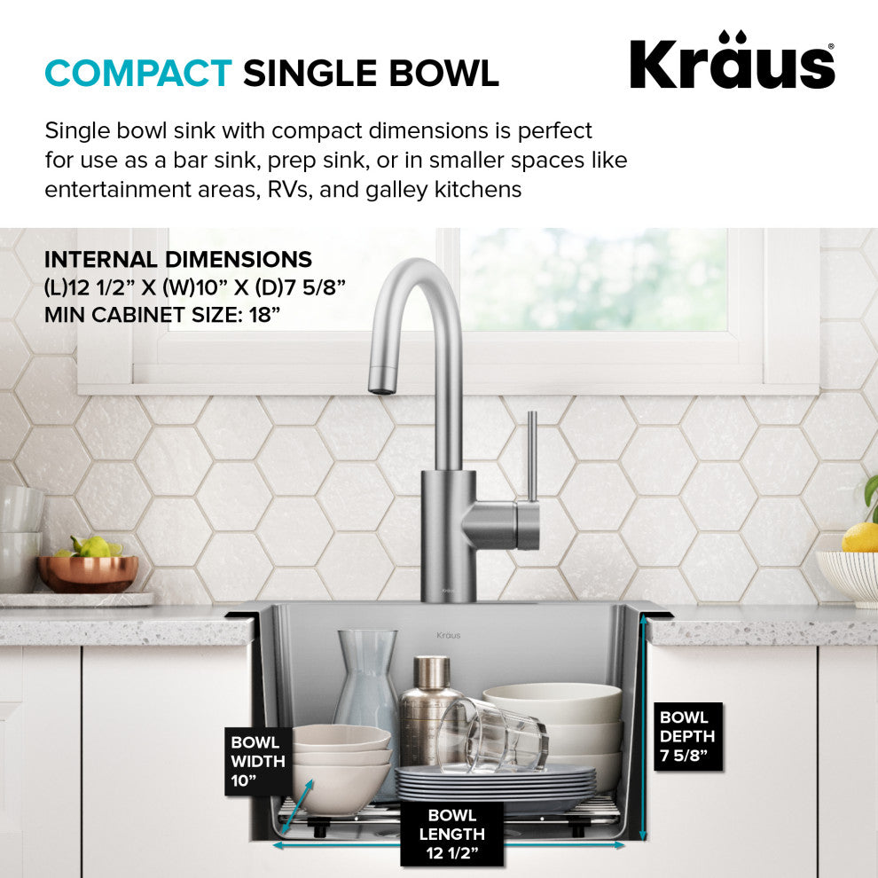 KRAUS Fairlane 15" Drop, / Top Mount 1-Bowl Stainless Steel Kitchen Sink