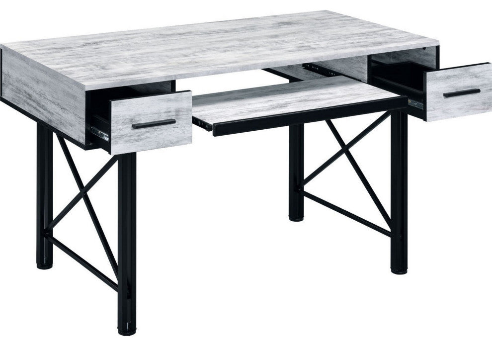 Benzara BM250191 Computer Desk With 2 Drawers and Keyboard Tray, Gray and Black