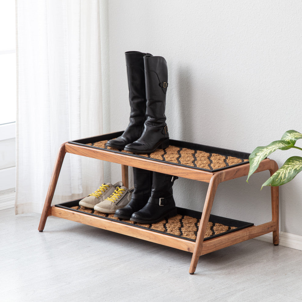 Double-Tier Natural Stand With 3-Pair Rubber Boot Trays Shangri-La