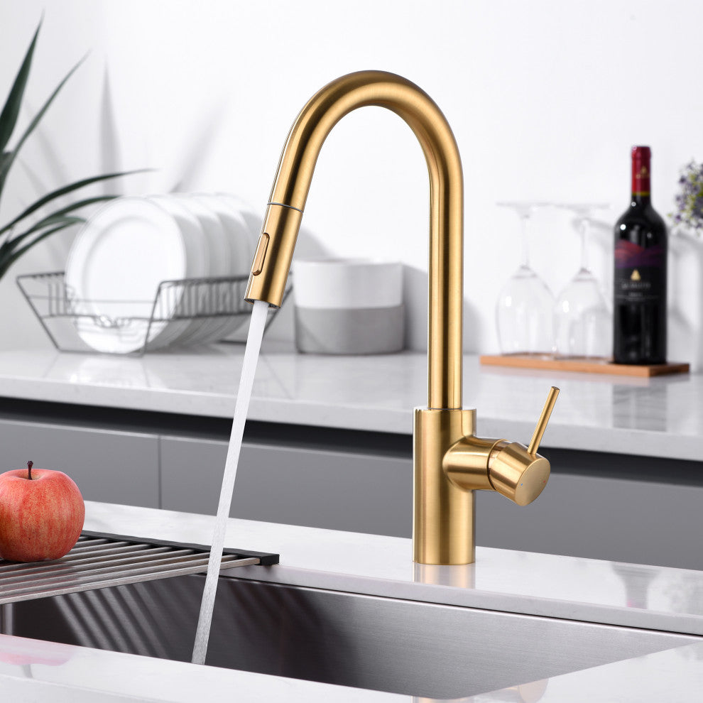 Luxier KTS21-T Single-Handle Pull-Down Sprayer Kitchen Faucet, Brushed Gold