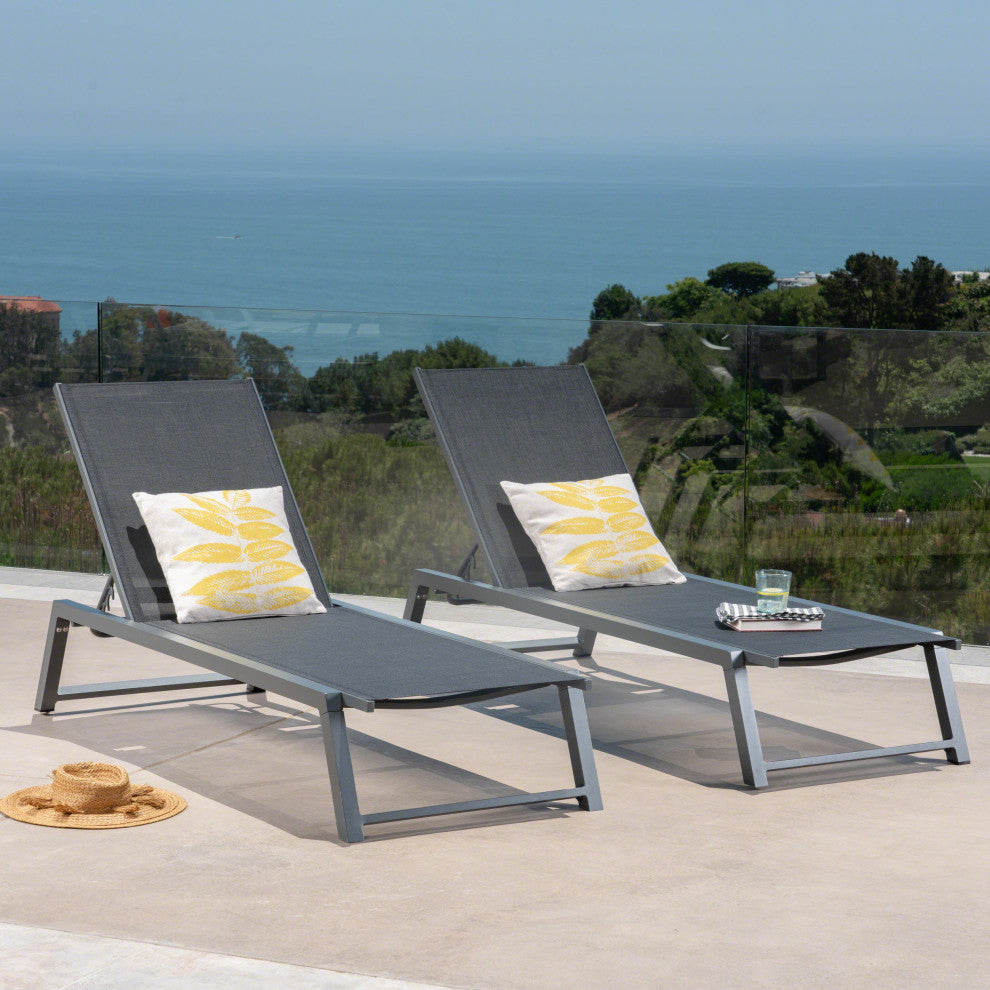 GDF Studio Mesa Outdoor Chaise Lounge With Aluminum Frame, Black Mesh/Gray, Set of 2