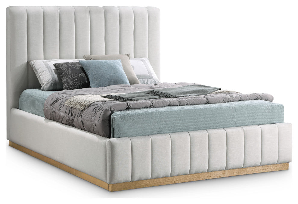 Lucia Beige Linen Textured Fabric Full Bed, Cream, Full, Natural Finish
