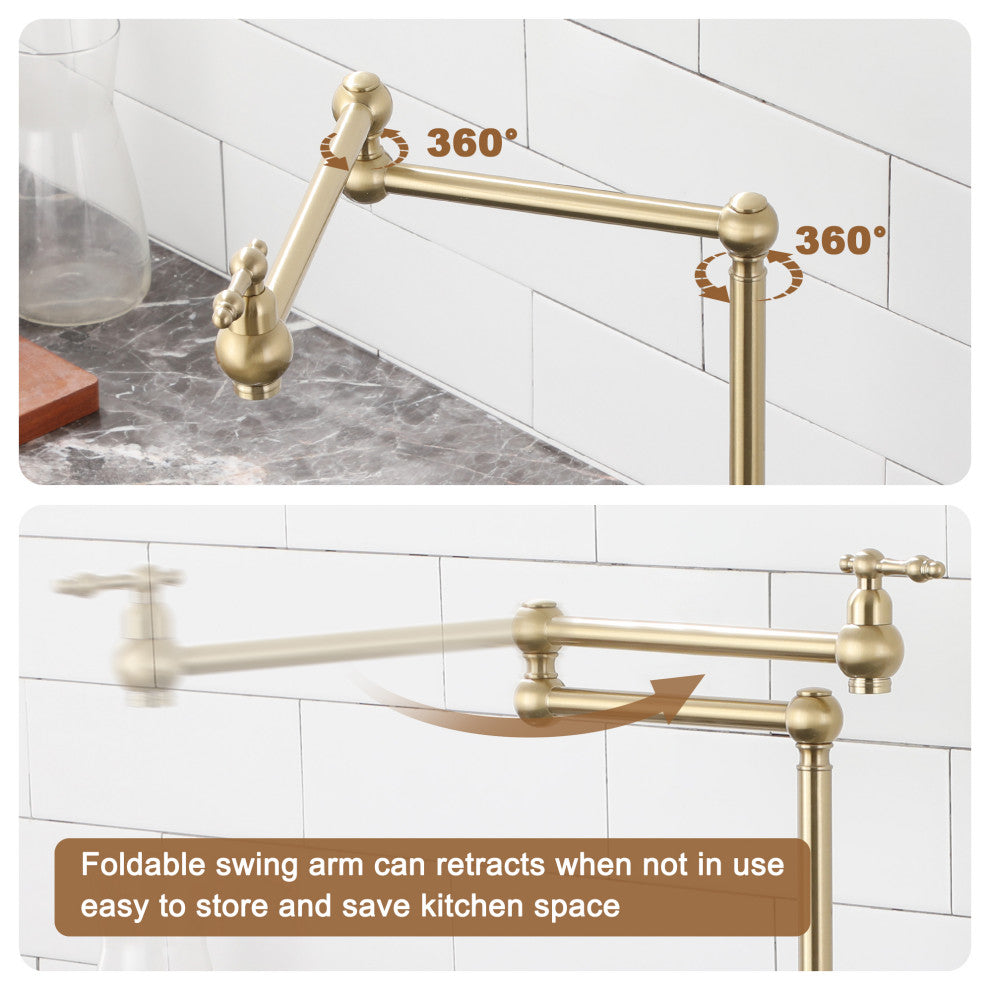 Deck-Mounted Double Handle Pot Filler Kitchen Faucet Stove Faucet, Brushed Gold