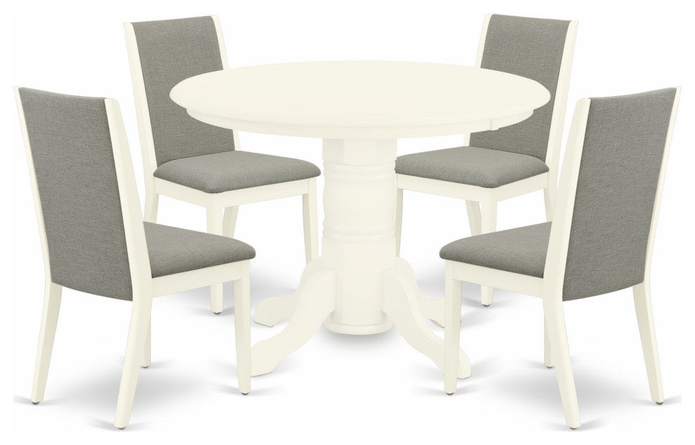 5Pc Dining Set - 4 Chairs, Round Table Hardwood Frame -High Back & Linen White