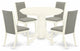 5Pc Dining Set - 4 Chairs, Round Table Hardwood Frame -High Back & Linen White