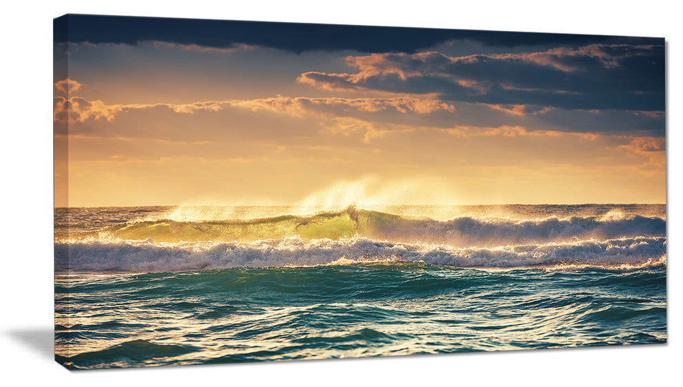 "Sunrise And Shining Waves in Ocean" Seashore Canvas Wall Art, 40"x20"