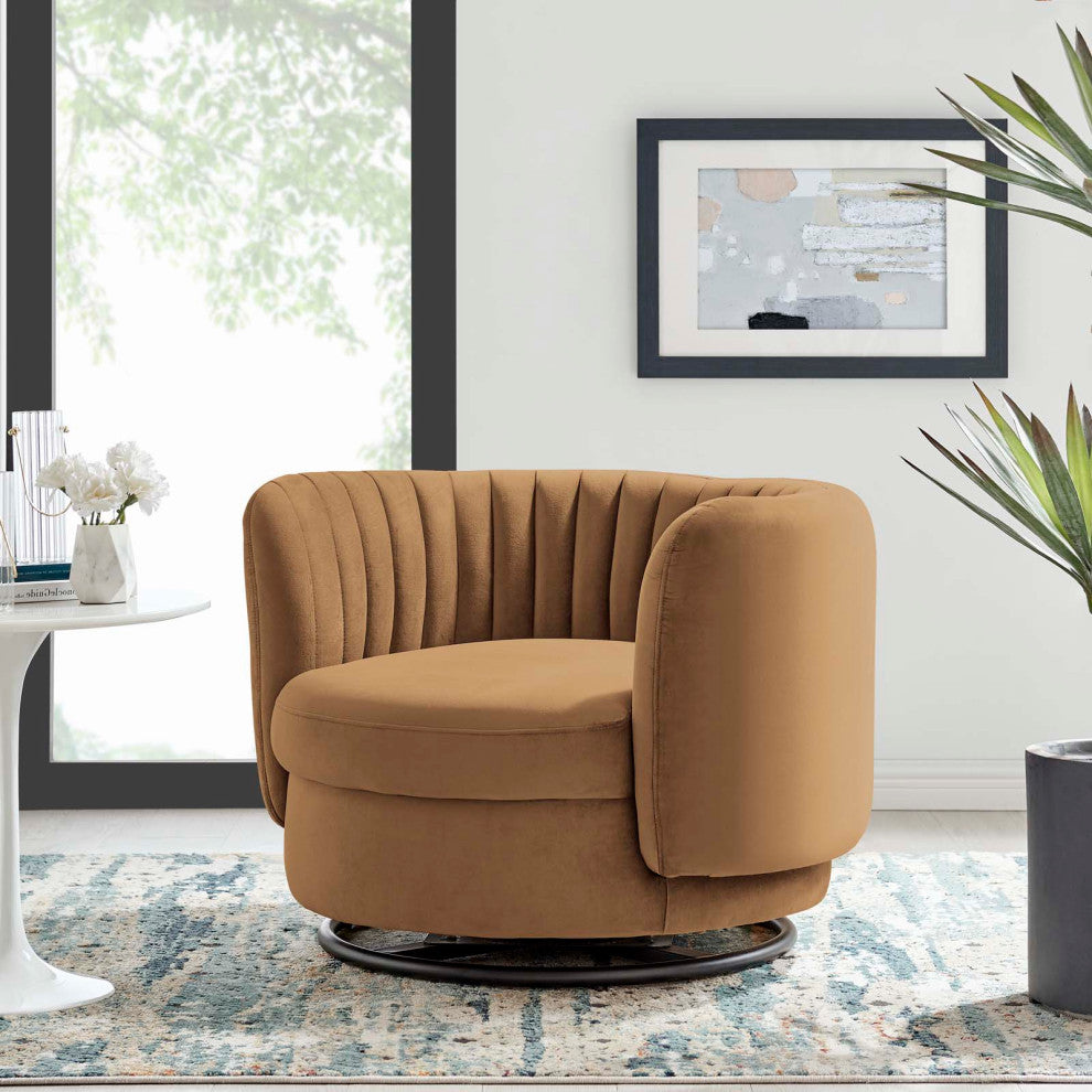 Armchair Swivel Accent Tufted Chair, Black Brown, Velvet, Modern, Hospitality